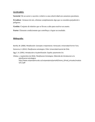 GLOSARIO:
Sectorial: De un sector o sección o relativo a una colectividad con caracteres peculiares.
Erradicar: Arrancar de raíz, eliminar completamente algo que se considera perjudicial o
peligroso.
Gestión: Conjunto de trámites que se llevan a cabo para resolver un asunto.
Factor: Elemento condicionante que contribuye a lograr un resultado.
Bibliografía:
Bonilla, M. (2006). Planificación: Concepto e importancia. Venezuela: Universidad Fermin Toro.
Domorne, K. (2012). Planificacion estrategica. Chile: Universidad Austral de Chile.
Egg, E. A. (1991). Introducción a la plani5icación. España: pasamonte S.A.
Villalaz, L. (septiembre de 2016). Planificacion Estrategica. Obtenido de Introduccion a la
planificacion estrategica:
http://www.unipamplona.edu.co/unipamplona/portalIG/home_4/mod_virtuales/modulo
5/5.2.pdf
 