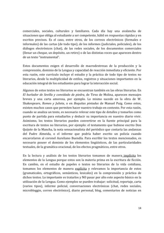 comerciales,  sociales,  culturales  y  familiares.  Cada  día  hay  una  avalancha  de 
situaciones que obliga al estudiante a ser competente, hábil en respuestas rápidas y en 
escritos  precisos.  Es  el  caso,  entre  otros,  de  los  correos  electrónicos  (formales  e 
informales) de las cartas (de todo tipo), de los informes (judiciales, policiales), de los 
diálogos  electrónicos  (chat),  de  las  redes  sociales,  de  los  documentos  comerciales 
(llenar un cheque, un depósito, un retiro) o de las distintas voces que aparecen dentro 
de un texto “instrumental”.  
 
Estos  documentos  exigen  el  desarrollo  de  macrodestrezas  de  la  producción  y  la 
comprensión, dominio de la Lengua y capacidad de reacción inmediata y eficiente. Por 
esta  razón,  este  currículo  incluye  el  estudio  y  la  práctica  de  todo  tipo  de  textos  no 
literarios,  desde la multiplicidad de estilos, registros  y situaciones importantes en  la 
educación integral de los estudiantes para lograr la interacción social.  

Algunos de estos textos no literarios se encuentran también en las obras literarias. En 
El  burlador  de  Sevilla  y  convidado  de  piedra,  de  Tirso  de  Molina,  aparecen  mensajes 
breves  y  una  carta  amorosa,  por  ejemplo.  Lo  mismo  sucede  en  la  obra  de  W. 
Shakespeare,  Romeo  y  Julieta,  o  en  Boquitas  pintadas  de  Manuel  Puig.  Como  estos, 
existen muchos casos que permiten hacer nuestro trabajo en contexto. Por esta razón, 
cuando se analiza un texto, es necesario relevar este tipo de detalles y tomarlos como 
punto  de  partida  para  estudiarlos  y  deducir  su  importancia  en  nuestro  diario  vivir. 
Asimismo,  los  textos  literarios  pueden  convertirse  en  la  fuente  principal  para  la 
escritura de textos no literarios, por ejemplo: el testamento que hubiese escrito Don 
Quijote de la Mancha, la nota sensacionalista del periódico que contaría las andanzas 
del  Padre  Almeida,  o  el  informe  que  podría  haber  escrito  un  policía  cuando 
encarcelaron  al  coronel  Aureliano  Buendía.  Para  escribir  los  textos  mencionados,  es 
necesario  poseer  el  dominio  de  los  elementos  lingüísticos,  de  las  particularidades 
textuales, de la gramática oracional, de los efectos pragmáticos, entre otros. 
 
En  la  lectura  y  análisis  de  los  textos  literarios  tomamos  de  manera  implícita  los 
elementos de la Lengua porque estos son la materia prima en la  escritura de ficción. 
En  cambio,  en  el  estudio  de  papeles  o  textos  no  literarios  de  la  vida  cotidiana, 
tomamos  los  elementos  de  manera  explícita  y  relevamos  la  importancia  de  estos 
(gramaticales,  ortográficos,  semánticos,  lexicales)  en  la  comprensión  y  práctica  de 
dichos textos. Lo importante es tratarlos y NO pasar por alto este aspecto básico en la 
utilización de la Lengua. Como ejemplos se pueden trabajar: solicitud, reportaje, carta 
(varios  tipos),  informe  policial,  conversaciones  electrónicas  (chat,  redes  sociales, 
microbloggin,  correo  electrónico),  diario  personal,  blog,  comentarios  de  noticias  en 




                                                                                                 14 
 
 