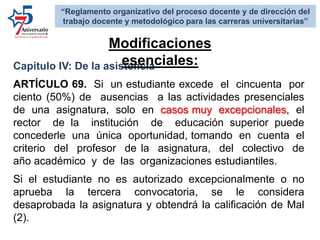 Capítulo IV: De la asistencia
ARTÍCULO 69. Si un estudiante excede el cincuenta por
ciento (50%) de ausencias a las actividades presenciales
de una asignatura, solo en casos muy excepcionales, el
rector de la institución de educación superior puede
concederle una única oportunidad, tomando en cuenta el
criterio del profesor de la asignatura, del colectivo de
año académico y de las organizaciones estudiantiles.
Si el estudiante no es autorizado excepcionalmente o no
aprueba la tercera convocatoria, se le considera
desaprobada la asignatura y obtendrá la calificación de Mal
(2).
Modificaciones
esenciales:
“Reglamento organizativo del proceso docente y de dirección del
trabajo docente y metodológico para las carreras universitarias”
 