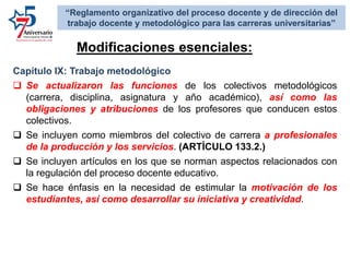 Capítulo IX: Trabajo metodológico
 Se actualizaron las funciones de los colectivos metodológicos
(carrera, disciplina, asignatura y año académico), así como las
obligaciones y atribuciones de los profesores que conducen estos
colectivos.
 Se incluyen como miembros del colectivo de carrera a profesionales
de la producción y los servicios. (ARTÍCULO 133.2.)
 Se incluyen artículos en los que se norman aspectos relacionados con
la regulación del proceso docente educativo.
 Se hace énfasis en la necesidad de estimular la motivación de los
estudiantes, así como desarrollar su iniciativa y creatividad.
Modificaciones esenciales:
“Reglamento organizativo del proceso docente y de dirección del
trabajo docente y metodológico para las carreras universitarias”
 