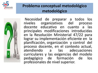Problema conceptual metodológico
metodológico
Necesidad de preparar a todos los
niveles organizativos del proceso
docente educativo en cuanto a las
principales modificaciones introducidas
en la Resolución Ministerial 47/22 para
lograr su implementación eficiente en la
planificación, organización y control del
proceso docente, en el contexto actual,
atendiendo a las adecuaciones
curriculares y las exigencias del modelo
pedagógico de formación de los
profesionales de nivel superior.
 
