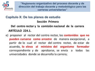 Capítulo X: De los planes de estudio
Sección Primera
Del centro rector y la comisión nacional de la carrera
ARTÍCULO 224.1.
e) proponer al rector del centro rector, los contenidos que no
pueden cursarse como arrastre de manera excepcional, a
partir de lo cual el rector del centro rector, de estar de
acuerdo, lo eleva al ministro del organismo formador
correspondiente y de aprobarse, se envía a todas las
universidades donde se desarrolla la carrera;
“Reglamento organizativo del proceso docente y de
dirección del trabajo docente y metodológico para las
carreras universitarias”
 