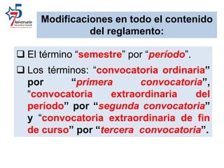  El término “semestre” por “período”.
 Los términos: “convocatoria ordinaria”
por “primera convocatoria”,
“convocatoria extraordinaria del
período” por “segunda convocatoria”
y “convocatoria extraordinaria de fin
de curso” por “tercera convocatoria”.
Modificaciones en todo el contenido
del reglamento:
 