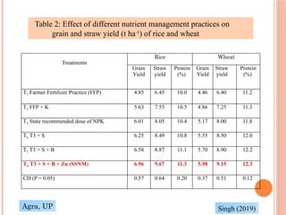 Table 2: Effect of different nutrient management practices on
grain and straw yield (t ha-1
) of rice and wheat
Treatments
Rice Wheat
Grain
Yield
Straw
yield
Protein
(%)
Grain
Yield
Straw
yield
Protein
(%)
T1 Farmer Fertilizer Practice (FFP) 4.85 6.45 10.0 4.46 6.40 11.2
T2 FFP + K 5.63 7.55 10.5 4.86 7.25 11.3
T3 State recommended dose of NPK 6.01 8.05 10.4 5.17 8.00 11.8
T4 T3 + S 6.25 8.49 10.8 5.55 8.50 12.0
T5 T3 + S + B 6.58 8.87 11.1 5.70 8.90 12.2
T6 T3 + S + B + Zn (SSNM) 6.96 9.67 11.3 5.98 9.15 12.3
CD (P = 0.05) 0.57 0.64 0.20 0.37 0.51 0.12
Singh (2019)
Agra, UP
 