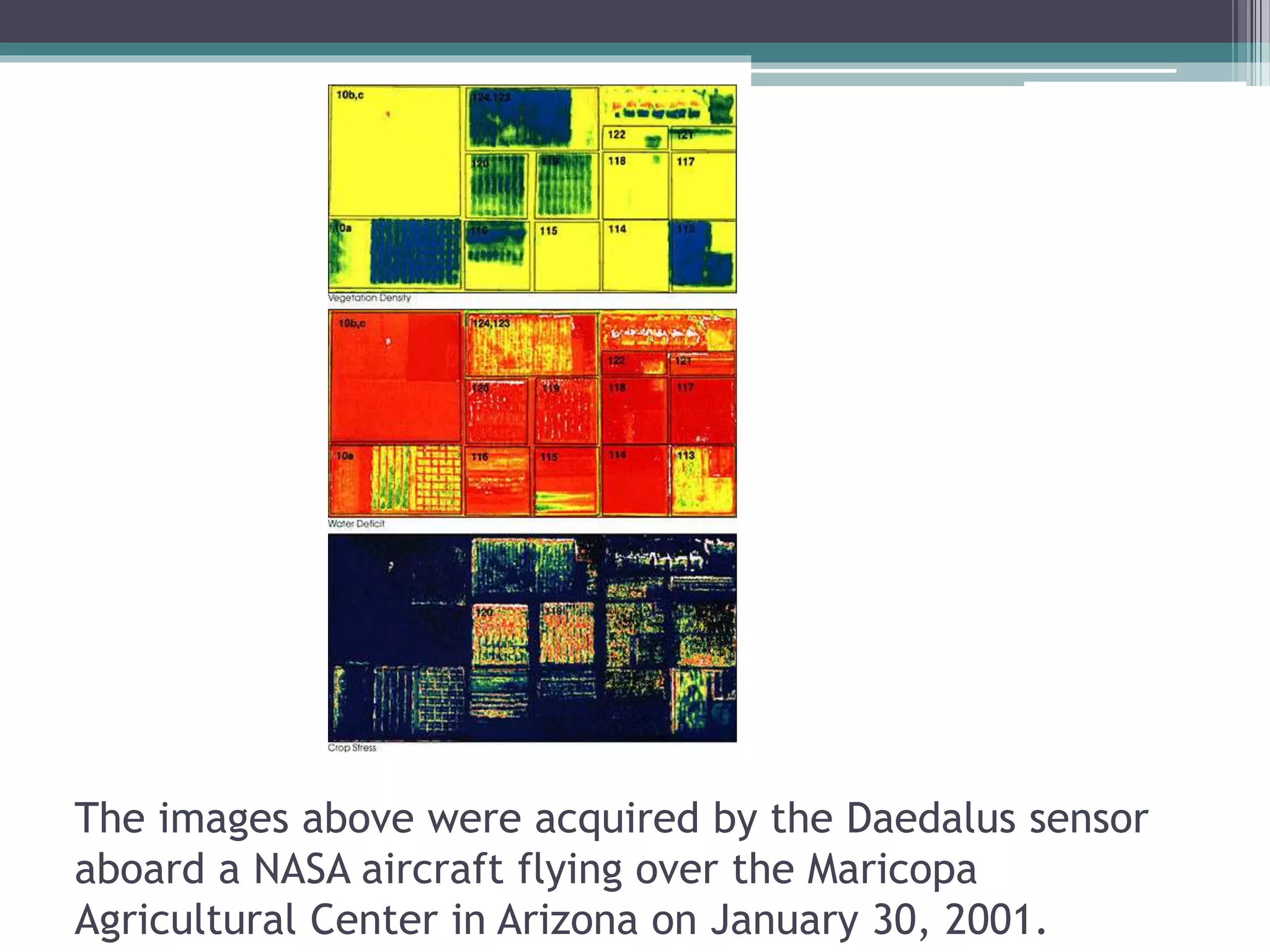 The images above were acquired by the Daedalus sensor
aboard a NASA aircraft flying over the Maricopa
Agricultural Center in Arizona on January 30, 2001.
 