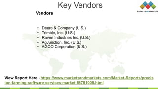 Key Vendors
Vendors
View Report Here - https://www.marketsandmarkets.com/Market-Reports/precis
ion-farming-software-services-market-88781005.html
• Deere & Company (U.S.)
• Trimble, Inc. (U.S.)
• Raven Industries Inc. (U.S.)
• AgJunction, Inc. (U.S.)
• AGCO Corporation (U.S.)
 