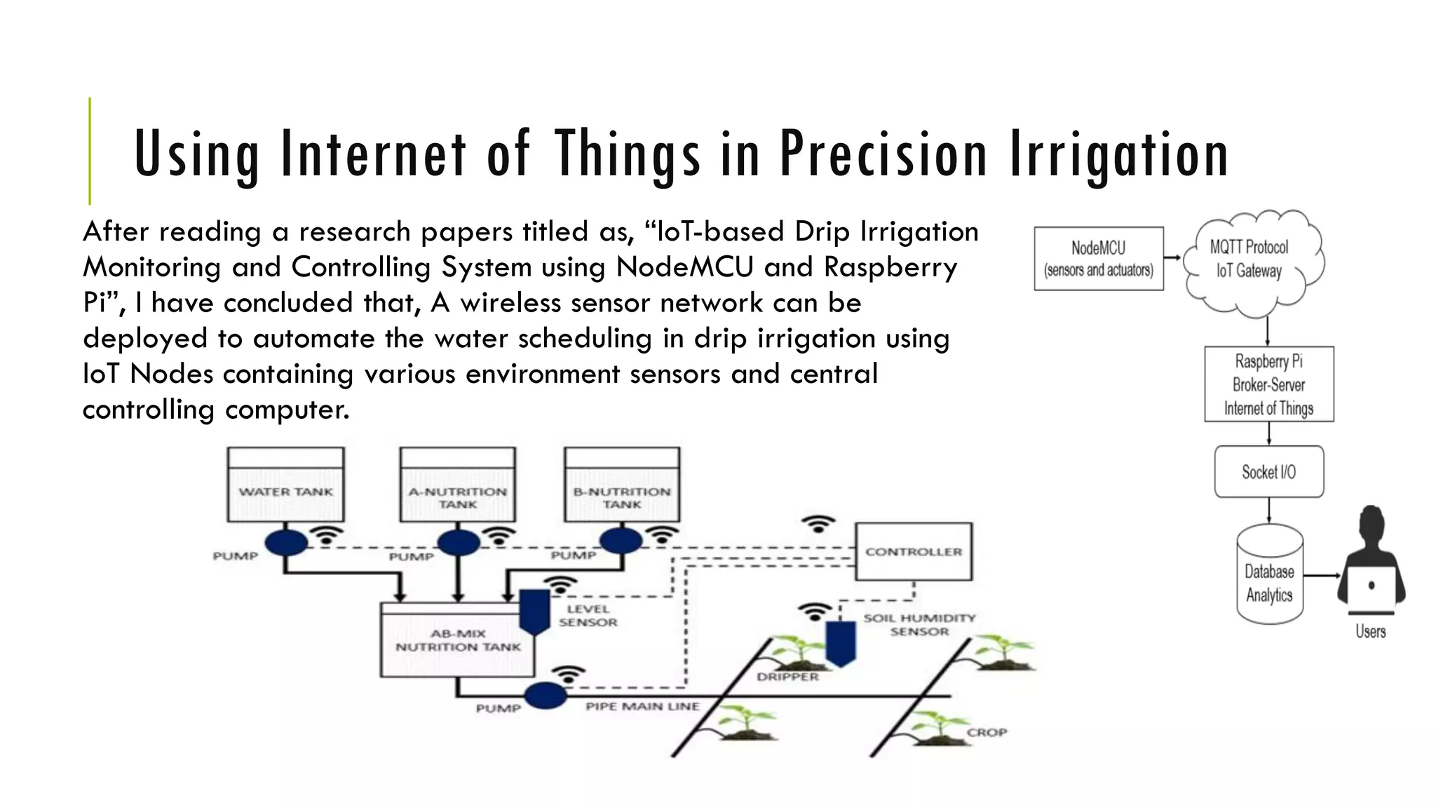 Using Internet of Things in Precision Irrigation
After reading a research papers titled as, “IoT-based Drip Irrigation
Monitoring and Controlling System using NodeMCU and Raspberry
Pi”, I have concluded that, A wireless sensor network can be
deployed to automate the water scheduling in drip irrigation using
IoT Nodes containing various environment sensors and central
controlling computer.
 