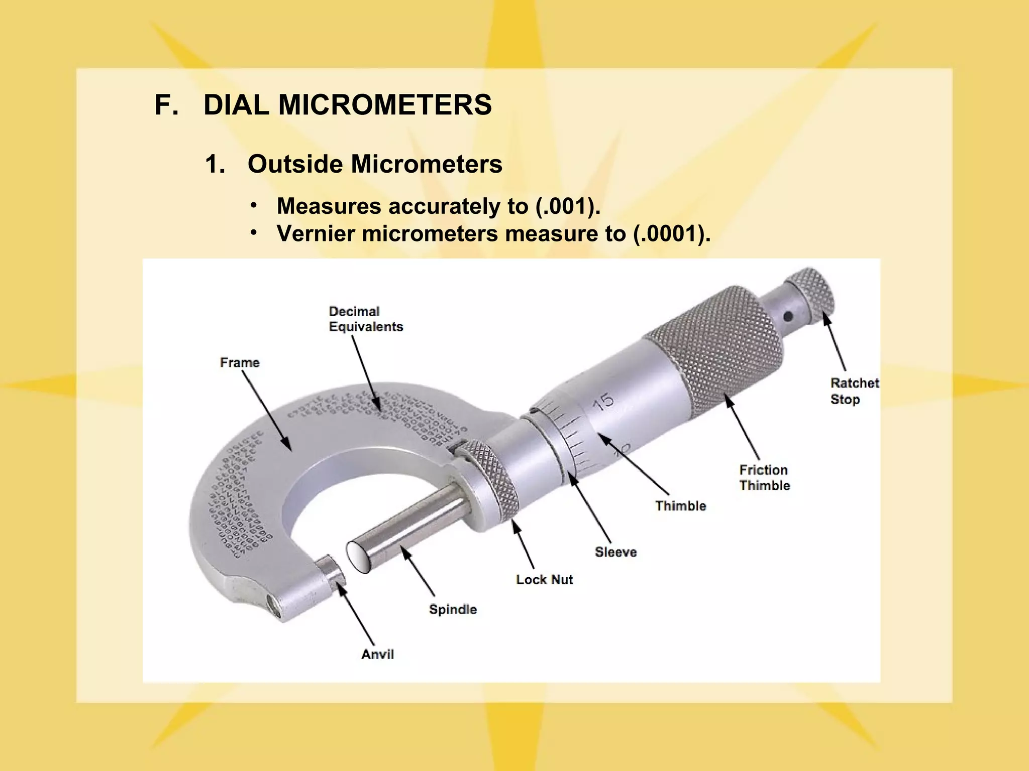 F. DIAL MICROMETERS

  1. Outside Micrometers
     • Measures accurately to (.001).
     • Vernier micrometers measure to (.0001).
 