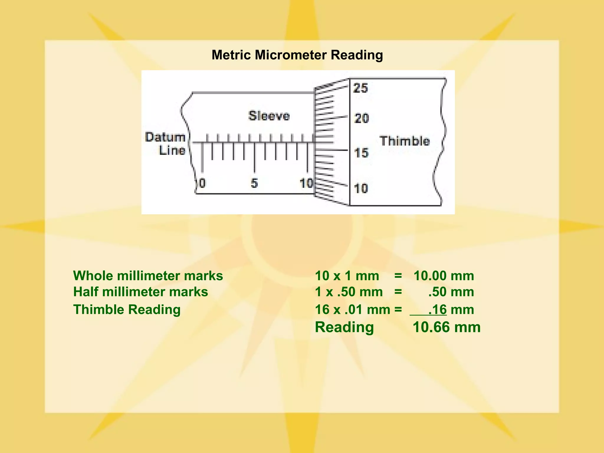 Metric Micrometer Reading




Whole millimeter marks             10 x 1 mm = 10.00 mm
Half millimeter marks              1 x .50 mm =  .50 mm
Thimble Reading                    16 x .01 mm = .16 mm
                                   Reading      10.66 mm
 