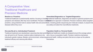 A Comparative View:
Traditional Healthcare and
Precision Medicine
Reactive vs. Proactive:
Traditional healthcare is predominantly reactive, focusing on treating
symptoms and diseases after they have manifested. Precision medicine is
proactive, using predictive tools to assess health risks and prevent
diseases before they occur
03 MARCH 2024 PRESENTER NAME
One-size-fits-all vs. Individualized Treatment:
Traditional treatments are standardized, assuming that what works for
one will work for all. Precision medicine tailors treatments to the
individual's genetic makeup, lifestyle, and environment, enhancing
treatment efficacy and reducing side effects.
Generalized Diagnostics vs. Targeted Diagnostics:
In traditional healthcare, diagnostics are based on general symptoms and o
trial-and-error approach in treatment. Precision medicine utilizes targeted d
tests, including genetic sequencing and molecular analysis, to pinpoint dise
accurately and select the most effective treatments.
Population Health vs. Personal Health:
Traditional healthcare models are designed around the average patient,
with a focus on population health. Precision medicine emphasizes
personal health, crafting care plans that are as unique as the patients
themselves.
 