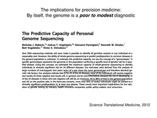 The implications for precision medicine:
By itself, the genome is a poor to modest diagnostic
Science Translational Medicine, 2012
 