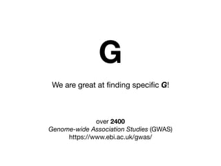 We are great at ﬁnding speciﬁc G!
over 2400 

Genome-wide Association Studies (GWAS)

https://www.ebi.ac.uk/gwas/
G
 