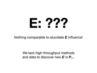 Nothing comparable to elucidate E inﬂuence!
E: ???
We lack high-throughput methods
and data to discover new E in P…
 