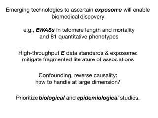 Emerging technologies to ascertain exposome will enable
biomedical discovery
High-throughput E data standards & exposome:

mitigate fragmented literature of associations
Confounding, reverse causality: 

how to handle at large dimension?
e.g., EWASs in telomere length and mortality 

and 81 quantitative phenotypes
Prioritize biological and epidemiological studies.
 