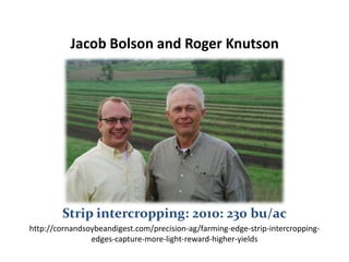 Jacob Bolson and Roger Knutson




        Strip intercropping: 2010: 230 bu/ac
http://cornandsoybeandigest.com/precision-ag/farming-edge-strip-intercropping-
                edges-capture-more-light-reward-higher-yields
 