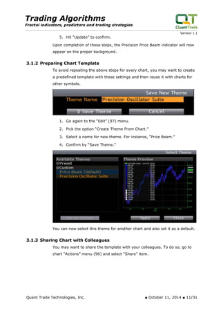 Trading Algorithms 
Fractal indicators, predictors and trading strategies 
Version 1.1 
5. Hit “Update” to confirm. 
Upon completion of these steps, the Precision Price Beam indicator will now appear on the proper background. 
3.1.2 Preparing Chart Template 
To avoid repeating the above steps for every chart, you may want to create a predefined template with these settings and then reuse it with charts for other symbols. 
1. Go again to the “Edit” (97) menu. 
2. Pick the option “Create Theme From Chart.” 
3. Select a name for new theme. For instance, “Price Beam.” 
4. Confirm by “Save Theme.” 
You can now select this theme for another chart and also set it as a default. 
3.1.3 Sharing Chart with Colleagues 
You may want to share the template with your colleagues. To do so, go to chart “Actions” menu (96) and select “Share” item. 
Quant Trade Technologies, Inc. ■ October 11, 2014 ■ 11/31 
 