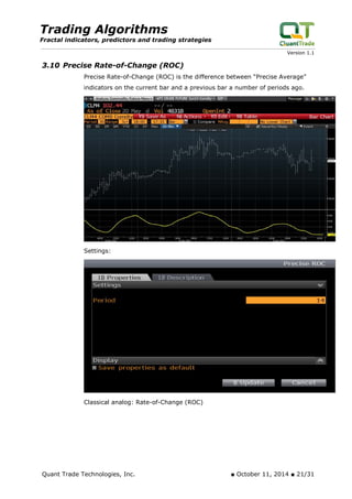 Trading Algorithms 
Fractal indicators, predictors and trading strategies 
Version 1.1 
3.10 Precise Rate-of-Change (ROC) 
Precise Rate-of-Change (ROC) is the difference between “Precise Average” indicators on the current bar and a previous bar a number of periods ago. 
Settings: 
Classical analog: Rate-of-Change (ROC) 
Quant Trade Technologies, Inc. ■ October 11, 2014 ■ 21/31 
 