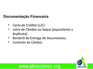 Documentação Financeira
• Carta de Crédito (L/C)
• Letra de Câmbio ou Saque (equivalente a
duplicata)
• Borderô de Entrega de Documentos;
• Contrato de Câmbio
 