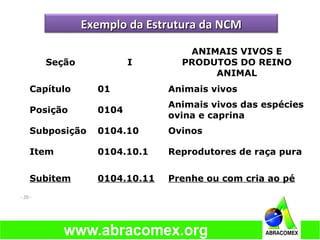 - 20 -
Seção I
ANIMAIS VIVOS E
PRODUTOS DO REINO
ANIMAL
Capítulo 01 Animais vivos
Posição 0104
Animais vivos das espécies
ovina e caprina
Subposição 0104.10 Ovinos
Item 0104.10.1 Reprodutores de raça pura
Subitem 0104.10.11 Prenhe ou com cria ao pé
Exemplo da Estrutura da NCMExemplo da Estrutura da NCM
 