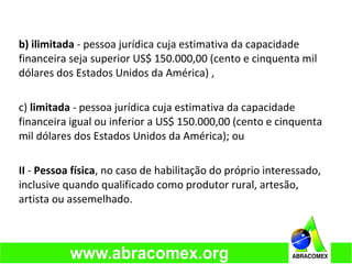 b) ilimitada - pessoa jurídica cuja estimativa da capacidade
financeira seja superior US$ 150.000,00 (cento e cinquenta mil
dólares dos Estados Unidos da América) ,
c) limitada - pessoa jurídica cuja estimativa da capacidade
financeira igual ou inferior a US$ 150.000,00 (cento e cinquenta
mil dólares dos Estados Unidos da América); ou
II - Pessoa física, no caso de habilitação do próprio interessado,
inclusive quando qualificado como produtor rural, artesão,
artista ou assemelhado.
 