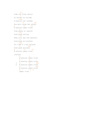 D7
Pode até ficar maluco
        G
Ou morrer na solidão
      Gm6
É preciso ter cuidado
           D            Bm
Pra mais tarde não sofrer
E            G      A7
É preciso saber viver
      D
Toda pedra no caminho
      D7+
Você pode retirar
        D7
Numa flor que tem espinhos
      G
Você pode se arranhar
      Gm6
Se o bem e o mal existem
      D         Bm7
Você pode escolher
E            G       A7
É preciso saber viver

(refrão)
      G          D
      É preciso saber viver
      G          D
      É preciso saber viver
  3   G          D       Bm7
  x   É preciso saber viver
      G          D       Bm
      É preciso saber viver
      E            G A
      Saber viver
 