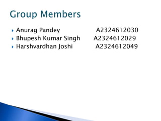  Anurag Pandey A2324612030 
 Bhupesh Kumar Singh A2324612029 
 Harshvardhan Joshi A2324612049 
