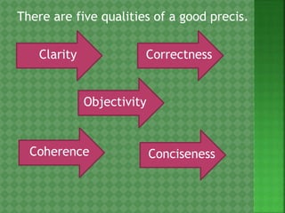 There are five qualities of a good precis.
Clarity Correctness
Objectivity
Coherence Conciseness
 