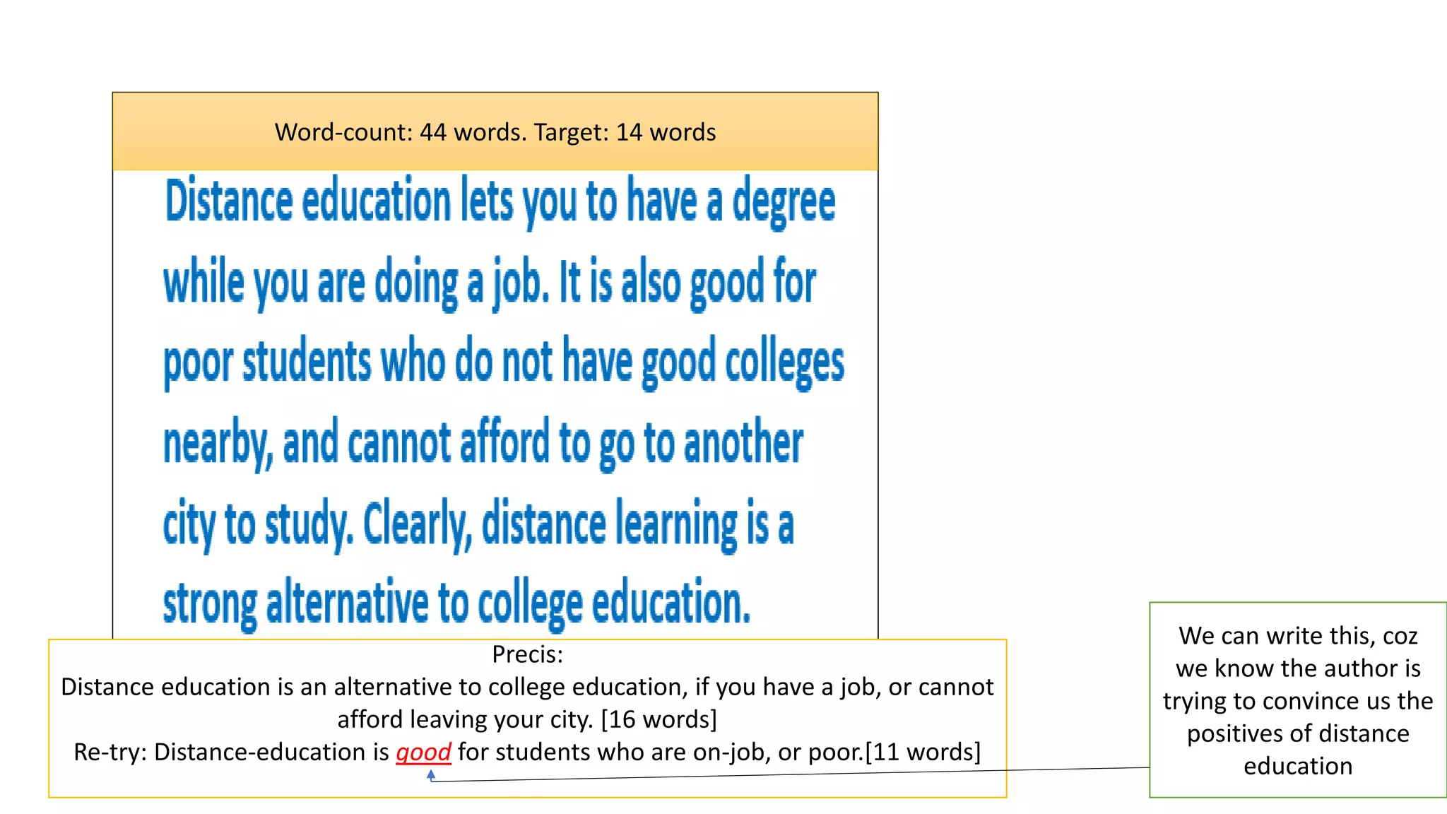 Precis:
Distance education is an alternative to college education, if you have a job, or cannot
afford leaving your city. [16 words]
Re-try: Distance-education is good for students who are on-job, or poor.[11 words]
Word-count: 44 words. Target: 14 words
We can write this, coz
we know the author is
trying to convince us the
positives of distance
education
 