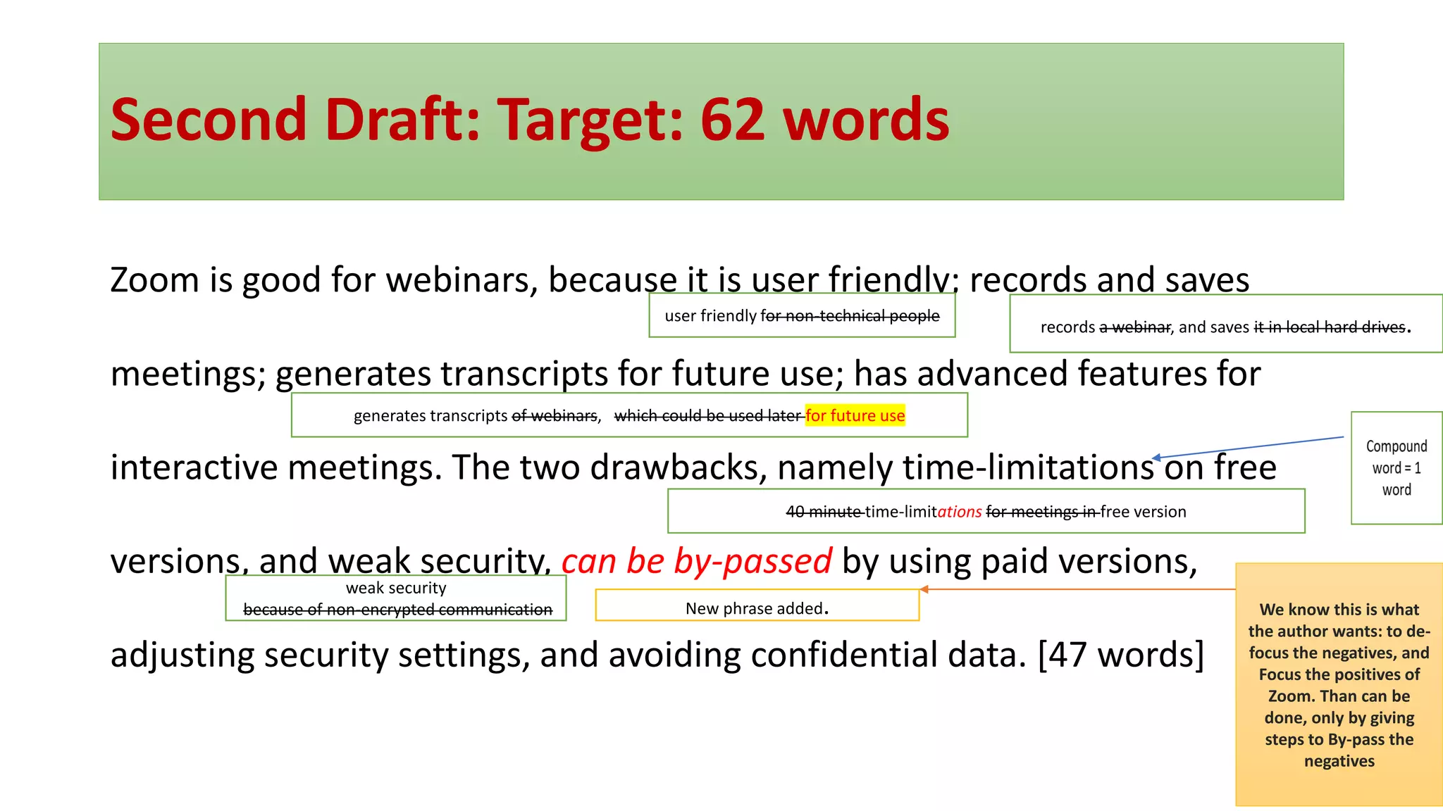 Second Draft: Target: 62 words
Zoom is good for webinars, because it is user friendly; records and saves
meetings; generates transcripts for future use; has advanced features for
interactive meetings. The two drawbacks, namely time-limitations on free
versions, and weak security, can be by-passed by using paid versions,
adjusting security settings, and avoiding confidential data. [47 words]
40 minute time-limitations for meetings in free version
weak security
because of non-encrypted communication New phrase added.
user friendly for non-technical people
records a webinar, and saves it in local hard drives.
generates transcripts of webinars, which could be used later for future use
We know this is what
the author wants: to de-
focus the negatives, and
Focus the positives of
Zoom. Than can be
done, only by giving
steps to By-pass the
negatives
 