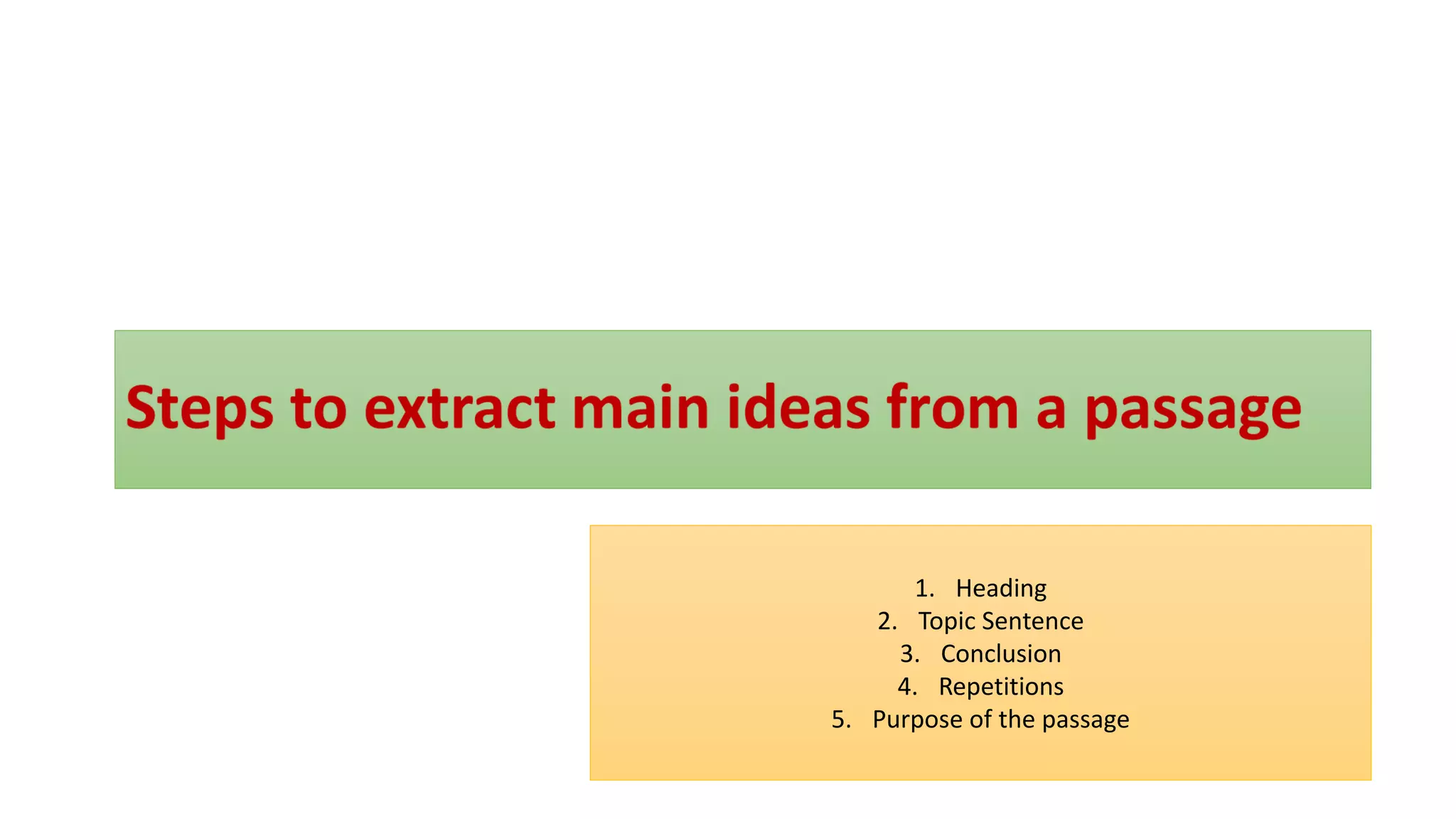 1. Heading
2. Topic Sentence
3. Conclusion
4. Repetitions
5. Purpose of the passage
 