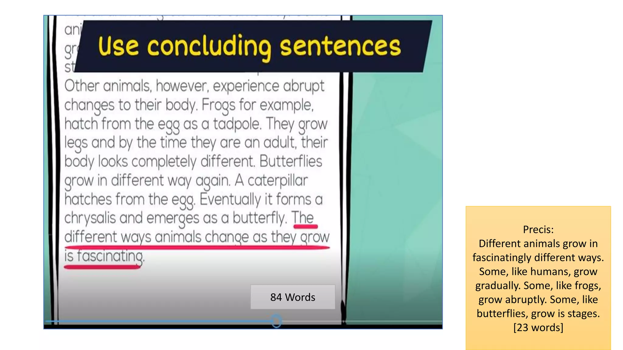 84 Words
Precis:
Different animals grow in
fascinatingly different ways.
Some, like humans, grow
gradually. Some, like frogs,
grow abruptly. Some, like
butterflies, grow is stages.
[23 words]
 