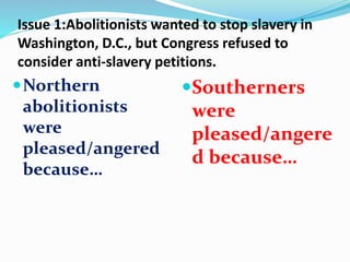 Issue 1:Abolitionists wanted to stop slavery in
Washington, D.C., but Congress refused to
consider anti-slavery petitions.
Northern
abolitionists
were
pleased/angered
because…
Southerners
were
pleased/angere
d because…
 