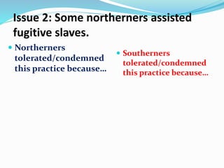 Issue 2: Some northerners assisted
fugitive slaves.
 Northerners
tolerated/condemned
this practice because…
 Southerners
tolerated/condemned
this practice because…
 