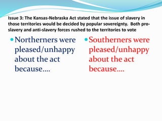 Issue 3: The Kansas-Nebraska Act stated that the issue of slavery in
those territories would be decided by popular sovereignty. Both pro-
slavery and anti-slavery forces rushed to the territories to vote
Northerners were
pleased/unhappy
about the act
because….
Southerners were
pleased/unhappy
about the act
because….
 