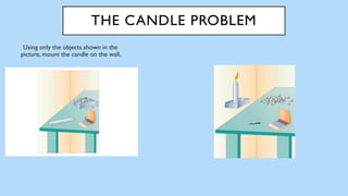 THE CANDLE PROBLEM
Using only the objects shown in the
picture, mount the candle on the wall.
 