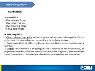 Métodos diagnósticos
1. Clasificación
a. Fenotípica
• Hipercolesterolemia
• Hipertrigliceridemia
• Hiperlipidemia mixta
• ...