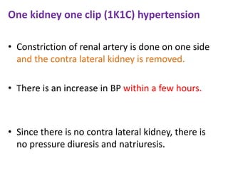 One kidney one clip (1K1C) hypertension
• Constriction of renal artery is done on one side
and the contra lateral kidney is removed.
• There is an increase in BP within a few hours.
• Since there is no contra lateral kidney, there is
no pressure diuresis and natriuresis.
 