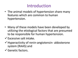 Introduction
• The animal models of hypertension share many
features which are common to human
hypertension.
• Many of these models have been developed by
utilizing the etiological factors that are presumed
to be responsible for human hypertension.
Excessive salt intake.
Hyperactivity of renin-angiotensin- aldosterone
system (RAAS) and
Genetic factors.
 