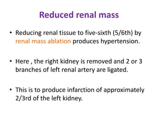 Reduced renal mass
• Reducing renal tissue to five-sixth (5/6th) by
renal mass ablation produces hypertension.
• Here , the right kidney is removed and 2 or 3
branches of left renal artery are ligated.
• This is to produce infarction of approximately
2/3rd of the left kidney.
 