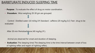 BARBITURATE INDUCED SLEEPING TIME
• Purpose : To evaluate the effect of drug on motor coordination.
• Procedure : Mice weighing 20-30 gm are grouped.
Control : Distilled water (10 ml/kg I.P) Standard : caffeine (20 mg/kg S.C) Test : drug to be
evaluated
After 30 min Pentobarbitone (40 mg/kg I.P.).
Animal are observed for onset and duration of sleeping.
• Evaluation :The sleeping time( The sleeping time is the time interval between onset of loss
of righting reflex and regain of righting reflex).
 