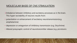 MOLECULAR BASIS OF CNS STIMULATION
Imbalance between inhibitory and excitatory processes as in the brain.
This hyper-excitability of neurons results from:
• potentiation or enhancement of excitatory neurotransmission(e.g.
amphetamine)
• depression or antagonism of inhibitory transmission (e.g. Strychnine)
• Altered presynaptic control of neurotransmitter release (e.g. picrotoxin)
 