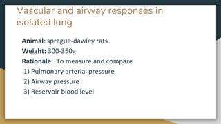 Vascular and airway responses in
isolated lung
Animal: sprague-dawley rats
Weight: 300-350g
Rationale: To measure and compare
1) Pulmonary arterial pressure
2) Airway pressure
3) Reservoir blood level
 