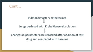 Cont….
Pulmonary artery catheterized
Lungs perfused with Krebs Henseleit solution
Changes in parameters are recorded after addition of test
drug and compared with baseline
 