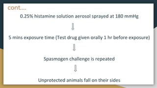 cont….
0.25% histamine solution aerosol sprayed at 180 mmHg
5 mins exposure time (Test drug given orally 1 hr before exposure)
Spasmogen challenge is repeated
Unprotected animals fall on their sides
 