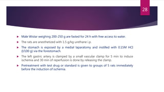  Male Wistar weighing 200-250 g are fasted for 24 h with free access to water.
 The rats are anesthetized with 1.5 g/kg urethane i.p.
 The stomach is exposed by a medial laparatomy and instilled with 0.15M HCI
(l/100 g) via the forestomach.
 The left gastric artery is clamped by a small vascular clamp for 5 min to induce
ischemia and 30 min of reperfusion is done by releasing the clamp.
 Pretreatment with test drug or standard is given to groups of 5 rats immediately
before the induction of ischemia.
28
 