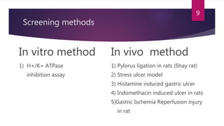 Screening methods
In vitro method
1) H+/K+ ATPase
inhibition assay
In vivo method
1) Pylorus ligation in rats (Shay rat)
2) Stress ulcer model
3) Histamine induced gastric ulcer
4) Indomethacin induced ulcer in rats
5)Gastric Ischemia Reperfusion injury
in rat
9
 