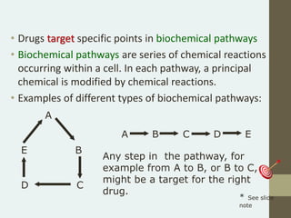 • Drugs target specific points in biochemical pathways
• Biochemical pathways are series of chemical reactions
occurring within a cell. In each pathway, a principal
chemical is modified by chemical reactions.
• Examples of different types of biochemical pathways:
A
E B
D C
A B C D E
Any step in the pathway, for
example from A to B, or B to C,
might be a target for the right
drug.
* See slide
note
 