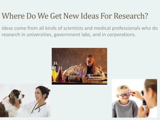 Where Do We Get New Ideas For Research?
Ideas come from all kinds of scientists and medical professionals who do
research in universities, government labs, and in corporations.
 