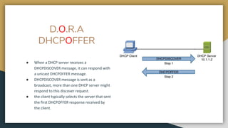 D.O.R.A
DHCPOFFER
● When a DHCP server receives a
DHCPDISCOVER message, it can respond with
a unicast DHCPOFFER message.
● DHCPDISCOVER message is sent as a
broadcast, more than one DHCP server might
respond to this discover request.
● the client typically selects the server that sent
the first DHCPOFFER response received by
the client.
 