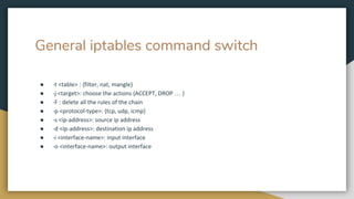 General iptables command switch
● -t <table> : {filter, nat, mangle}
● -j <target>: choose the actions {ACCEPT, DROP … }
● -F : delete all the rules of the chain
● -p <protocol-type>: {tcp, udp, icmp}
● -s <ip-address>: source ip address
● -d <ip-address>: destination ip address
● -i <interface-name>: input interface
● -o <interface-name>: output interface
 